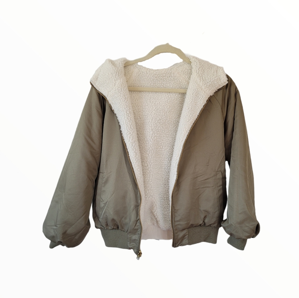 REVERSIBLE 2 Way Cozy Cream & Olive Teddy Bomber Jacket